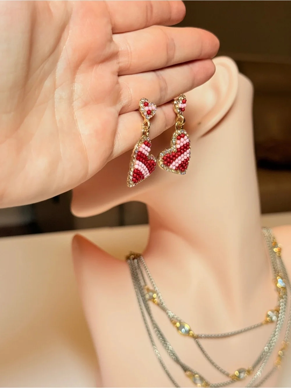 Gold-Tone Red Beaded Heart Drop Earrings